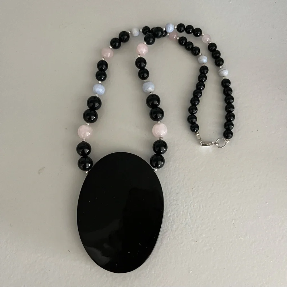 VTG Sterling 925 MOP Inlay Pink Jade BLK Onyx Agate Bead Designer Necklace - Picture 6 of 12